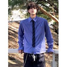 批发高质量假领带 蓝色领带拼接格子长袖衬衫男夏季设计感叠穿外套