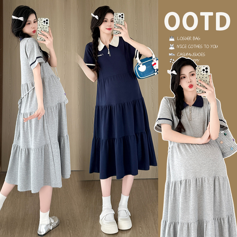 2026 실사 임산부 드레스 여름 새로운 해군 POLO 칼라 반팔 루즈핏 빅 사이즈 허리 수축 드레스
