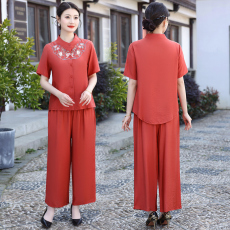 批发实拍2025夏冰丝棉麻新款大码新中式国风短袖拼色显瘦两件套套装