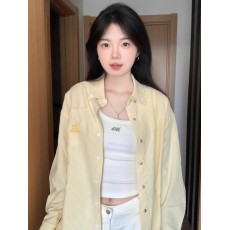 批发美式复古黄色条纹Polo领<b class='q'>衬衫</b>外套女宽松休闲<b class='q'>长袖</b><b class='q'>衬衣</b>外搭上衣