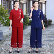 批发实拍2025夏冰丝棉麻新款大码新中式国风短袖拼色显瘦两件套套装