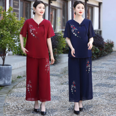 批发实拍2025夏冰丝棉麻新款大码新中式国风短袖拼色显瘦两件套套装