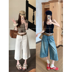 批发实拍 美式复古高街牛仔裤女新款设计感高腰直筒阔腿七分裤中裤