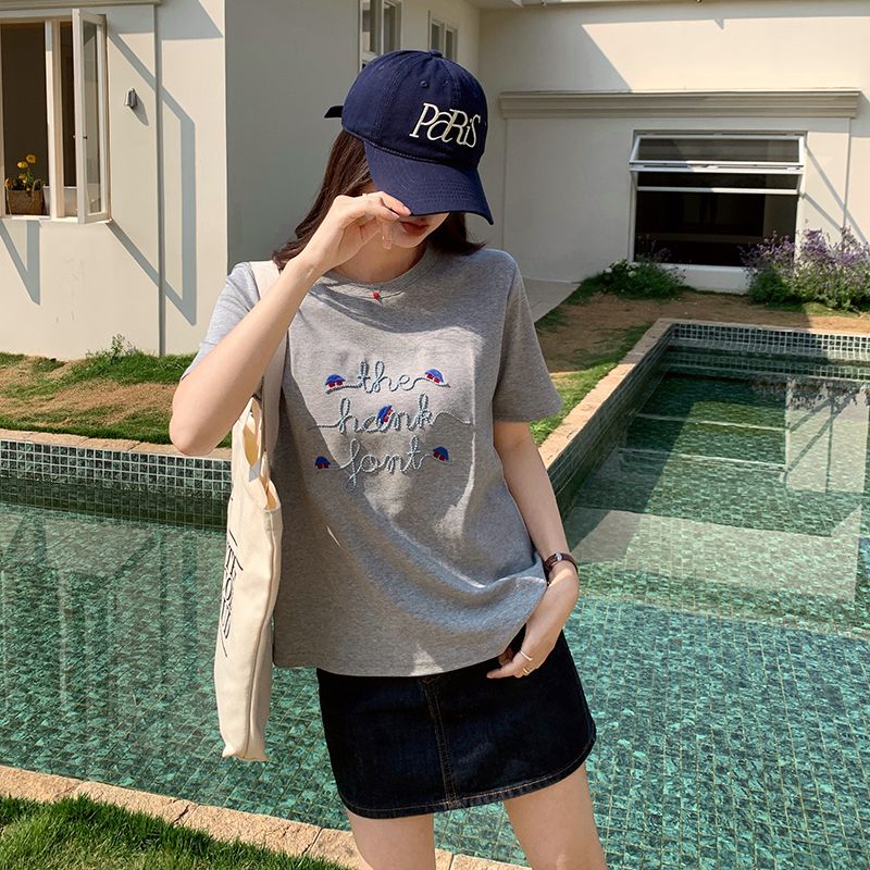 MY4685# 大码美式复古刺绣短袖t恤新款百搭宽松打底衫上衣女裝貨源服裝批發