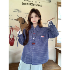 批发实价韩系复古学院风蓝色格子<b class='q'>衬衫</b>女2026宽松设计别致绑带<b class='q'>长袖</b>上衣
