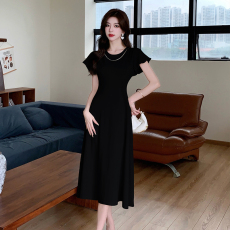 批发实拍纯色气质收腰显瘦短袖<b class='q'>连衣裙</b>夏季垂感中长款大摆裙子