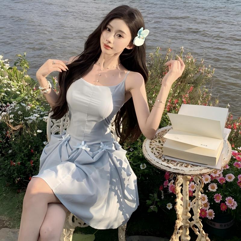 FA31351# 春日絮语蝴蝶结吊带连衣裙女夏季小个子开春绝美重工长裙 服裝批發女裝批發服飾貨源