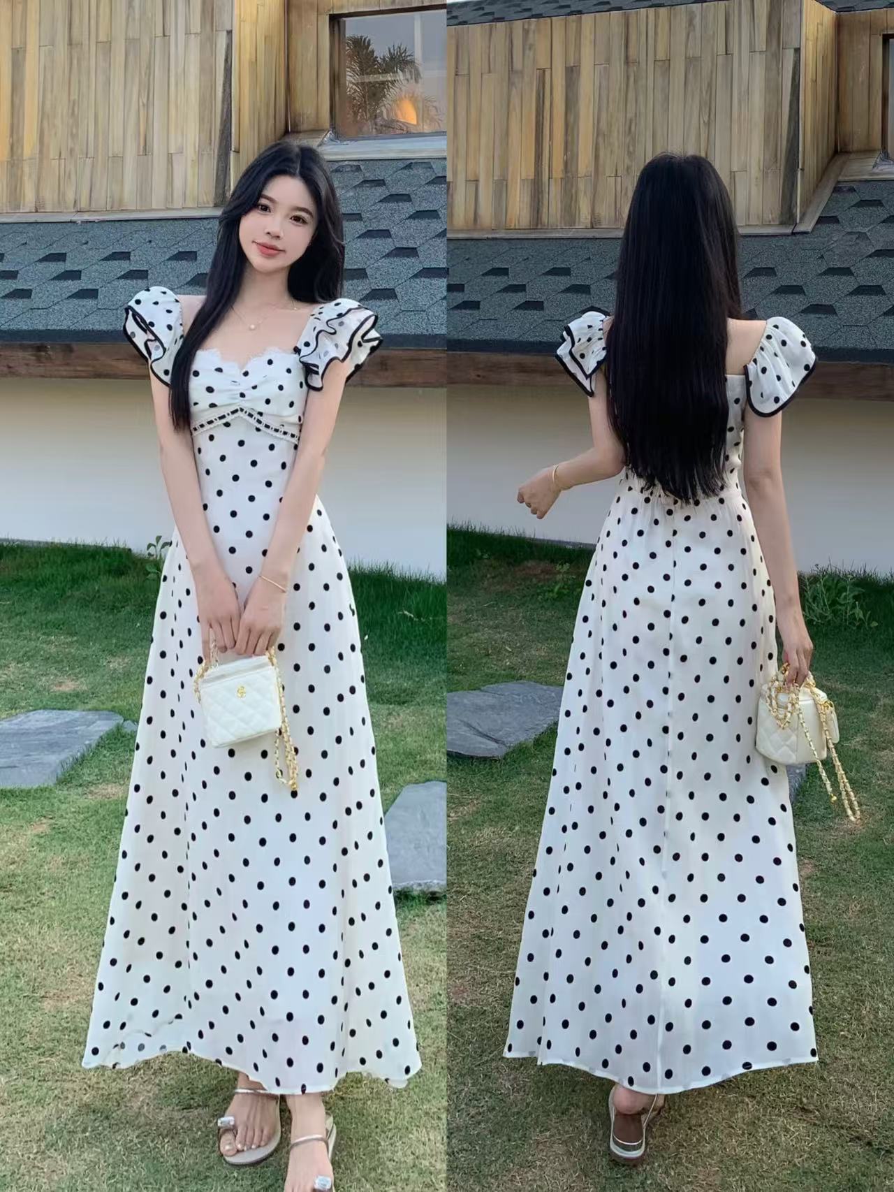 MY7540# 大码新款法式复古气质黑白波点收腰显瘦连衣裙女裝貨源服裝批發