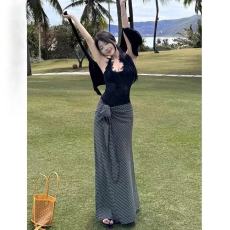 批发纯欲辣妹性感蕾丝吊带背心格子半身长裙两件套女春夏新款时尚<b class='q'>套装</b>