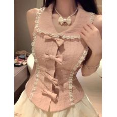 批发蝴蝶结蕾丝粉色娃娃领背心上衣甜美套装女夏季<b class='q'>蓬蓬</b>半身裙子两件套