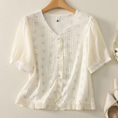 批发碎花<b class='q'>短袖</b><b class='q'>雪纺</b>衬衫女2025新款夏季新中式v领短款上衣别致绝美小衫