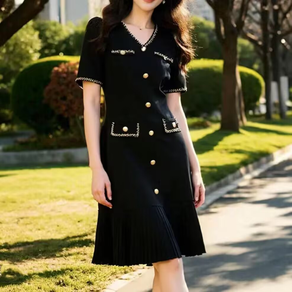 MY8032# 大码女装夏季胖妹妹V领轻奢优雅连衣裙单排扣气质裙子女裝貨源服裝批發