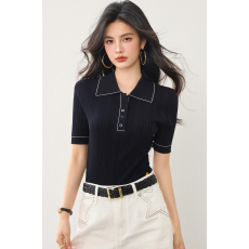 批发实拍◆有◆2026 针织衫女春新款撞色线弹力修身Polo领上衣