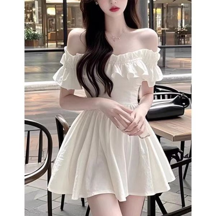 FA35839# 夏季新款气质一字肩短袖连衣裙白色木耳边裙子简约女装 服裝批發女裝批發服飾貨源
