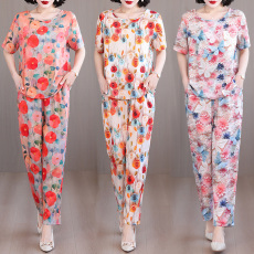 批发2025实拍棉绸套装女<b class='q'>夏</b>季短袖花色大码妈妈时尚外穿休闲棉绸两件套