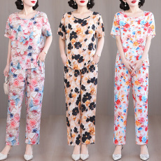 批发2025实拍棉绸套装女<b class='q'>夏</b>季短袖花色大码妈妈时尚外穿休闲棉绸两件套