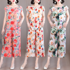 批发2025新款<b class='q'>夏</b>季棉绸套装女洋气人造棉休闲宽松显瘦外穿阔腿裤两件套