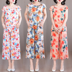 批发2025新款<b class='q'>夏</b>季棉绸套装女洋气人造棉休闲宽松显瘦外穿阔腿裤两件套