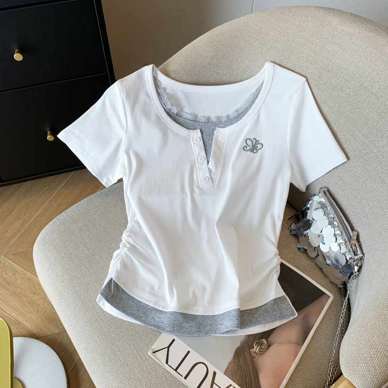 MY11161# 夏甜美蕾丝花边拼接假两件新款小清新时尚修身短袖T恤女女裝貨源服裝批發