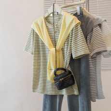 批发实拍26年夏新款大码针条纹织显瘦时尚两件套带披肩上衣长袖