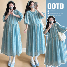 批发孕妇2026春<b class='q'>夏</b>装高级感中袖连衣裙新款春装大码宽松花边领连衣裙