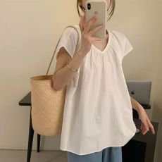 批发<b class='q'>韩版</b>简约短袖V领<b class='q'>衬衫</b>女夏季2025新款ins风上衣通勤纯棉小衫外穿