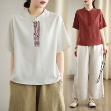 批发麻棉上衣女夏季中国民族风刺绣高端时尚宽松文艺复古气质<b class='q'>女装</b>T恤