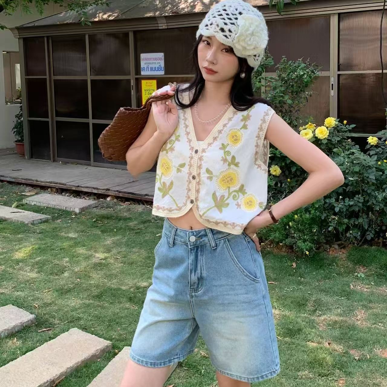 V넥 꽃 자수 열기 셔츠 조끼 어깨 베스트 재킷 짧은 맨위 민소매
