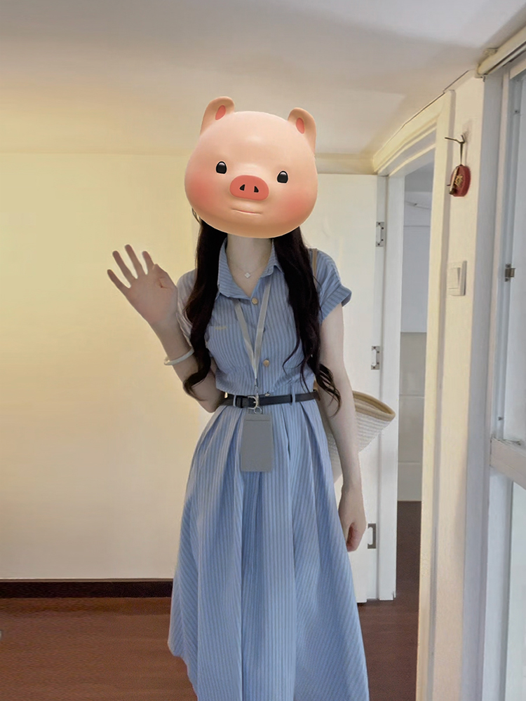 MY4986# 大码女装夏季新款百搭显瘦文艺蓝色连衣裙面试通勤法式裙子女裝貨源服裝批發