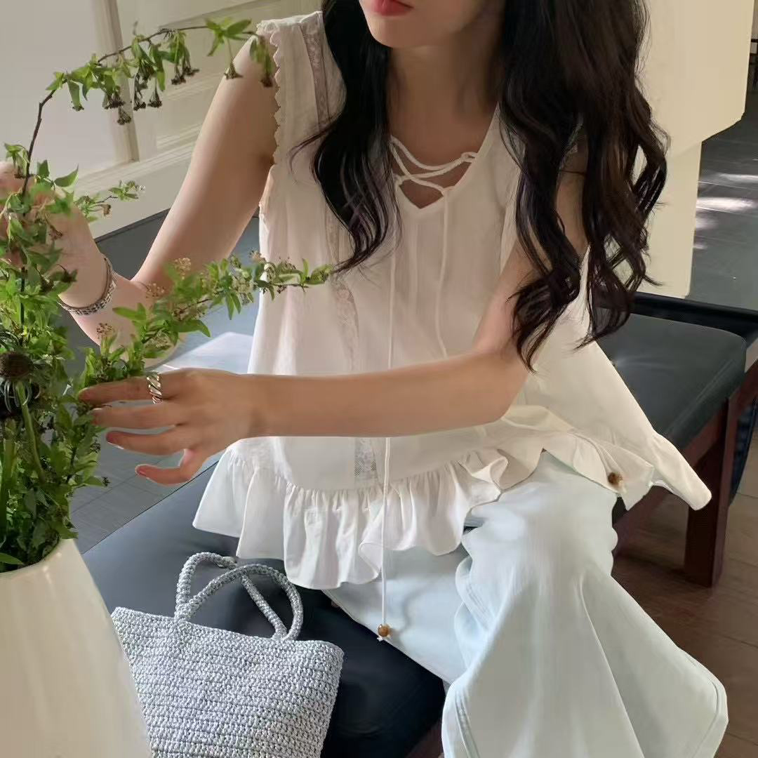크기 있음 업데이트 한 부서 품격 달콤함 부드러운 레이스 칼라 레이스 조각 홀로우 아웃 민소매 조끼 작은 셔츠