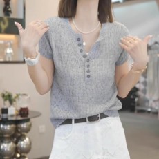 批发灰色半开领短袖针织衫女夏季薄款毛衣打底2026年新款显瘦气质上衣