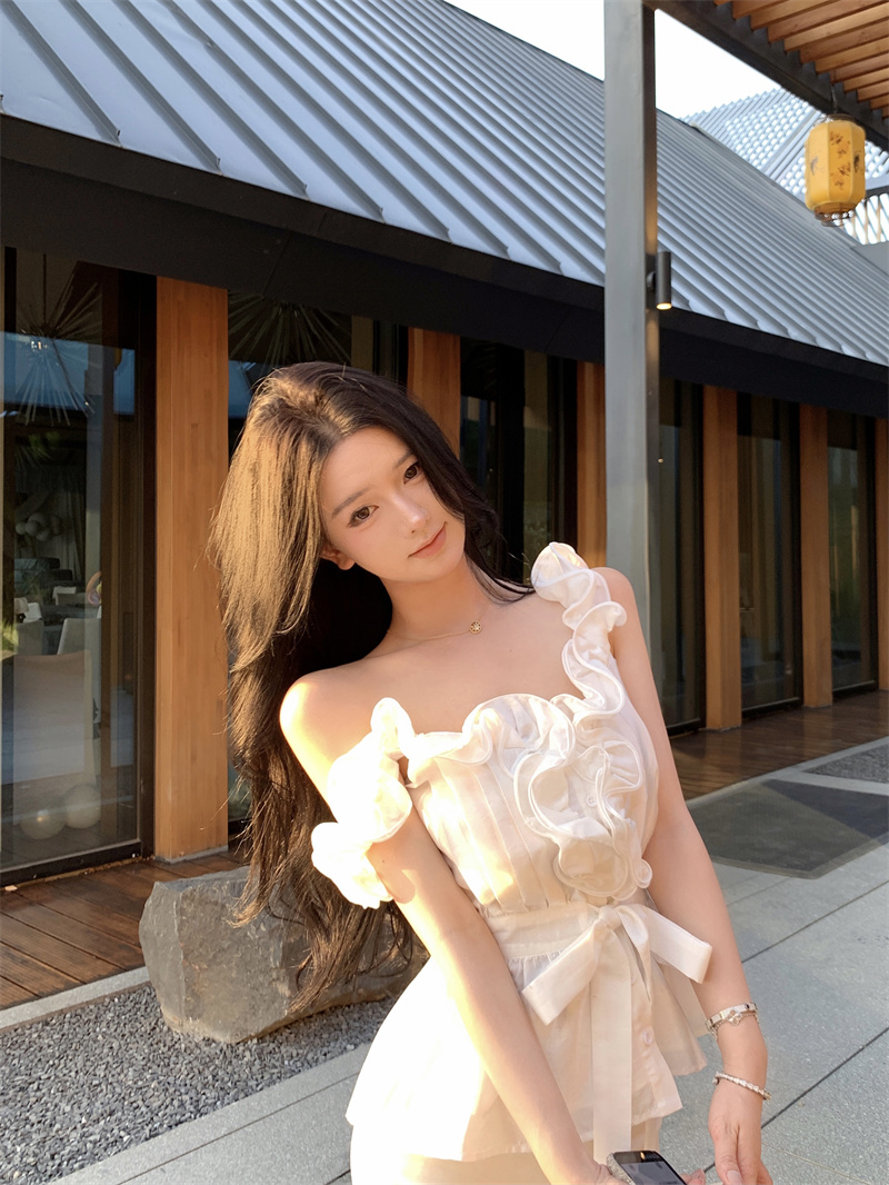정가 실사 무거운 작업 프릴 조끼 레이스업 허리 수축 디자인 센스 품격 Chic 슬림해 보이는 맨위