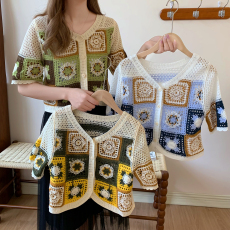 批发韩风设计感撞色钩花<b class='q'>镂空</b>短款短袖开衫2026夏季新款复古v领上衣潮