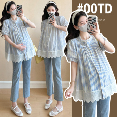 批发实拍现~ 孕妇夏季新款棉布条纹百褶提花拼接蕾丝<b class='q'>上衣</b> 可开口<b class='q'>哺乳</b>