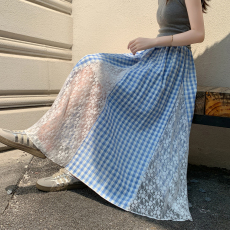 批发格子拼接蕾丝刺绣长裙女新款2026长款大摆打底裙字中长款半身裙