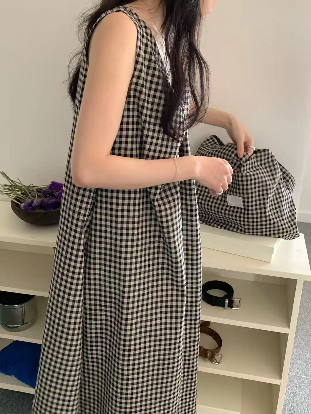 한국 스타일 넥 버튼 디자인 루즈 핏 그레인 원피스 상세 이미지 7