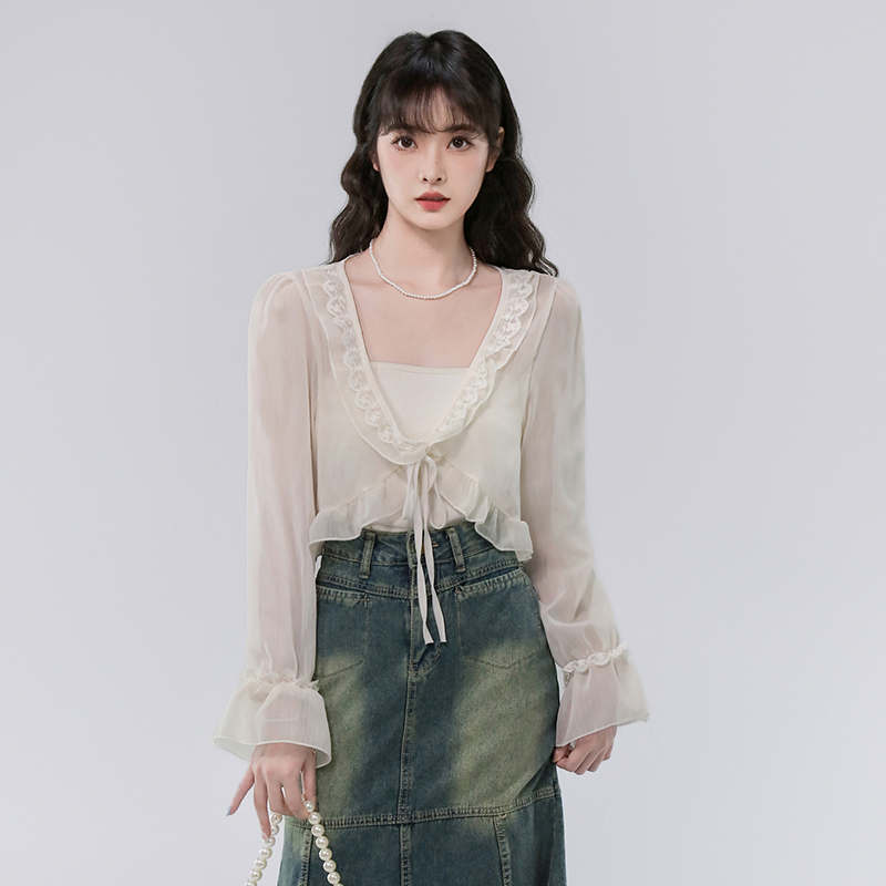 실사 2026 여름 새로운 프릴 레이스업 패치워크 레이스 레이스 긴팔 쇼트 스타일 오픈 가디건 작은 숄 여성