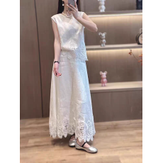 批发欧洲站2025夏季新款慵懒风宽松圆领无袖上衣女高腰纯色半身裙<b class='q'>套装</b>