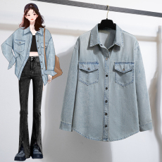 批发实拍好质量浅色牛仔衬衫女外套早春长袖大码胖MM衬衣上衣女