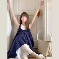 批发格子无袖<b class='q'>连衣裙</b>法式风森系复古小清新度假吊带背心长裙