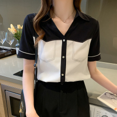 批发实拍黑白撞色拼接雪纺衫女短袖2026夏季新款翻领上衣衬衣