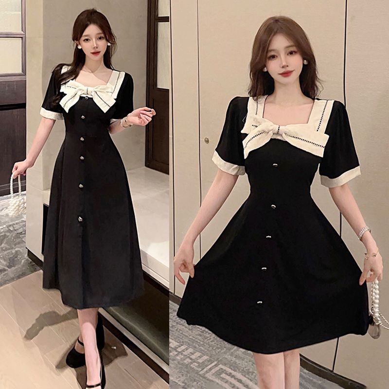 MY5398# 提花 法式蝴蝶结短袖纯欲连衣裙夏季新款黑裙子女裝貨源服裝批發