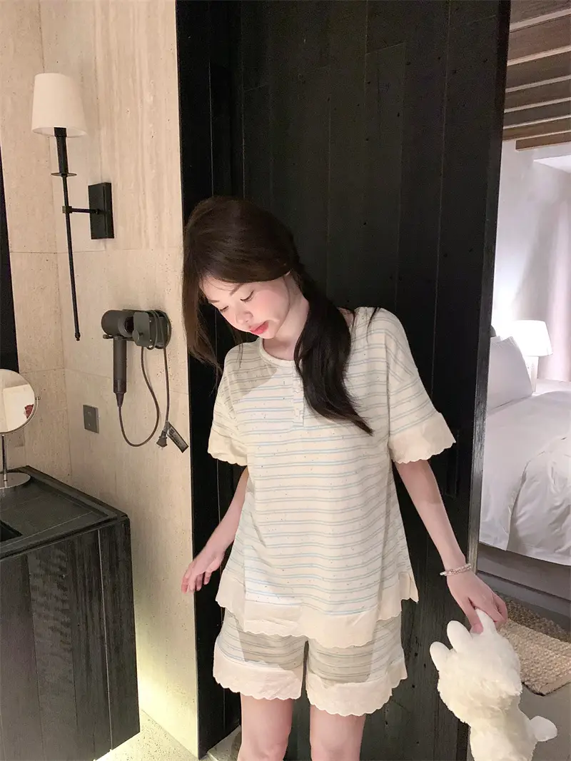 한국 스타일 간편 체크 패턴 홈웨어 세트 상세 이미지 5