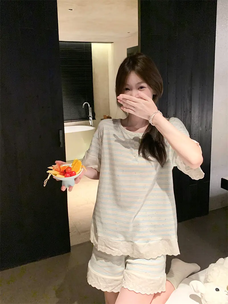 한국 스타일 간편 체크 패턴 홈웨어 세트 상세 이미지 8