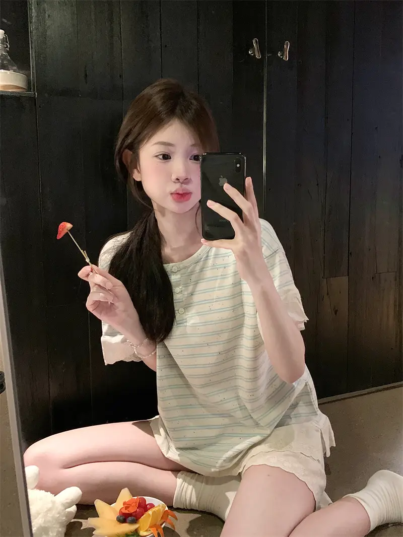 한국 스타일 간편 체크 패턴 홈웨어 세트 상세 이미지 9