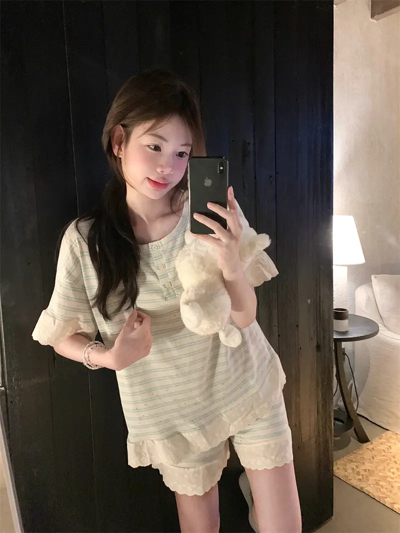 한국 스타일 간편 체크 패턴 홈웨어 세트 상세 이미지 10