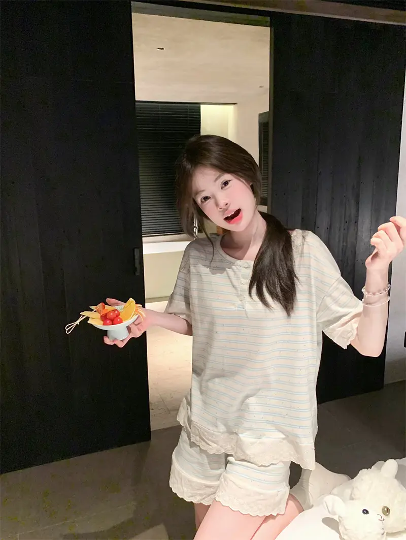 한국 스타일 간편 체크 패턴 홈웨어 세트 상세 이미지 11