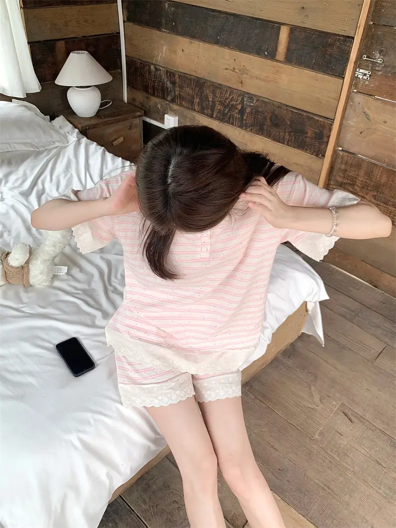 한국 스타일 간편 체크 패턴 홈웨어 세트 상세 이미지 14