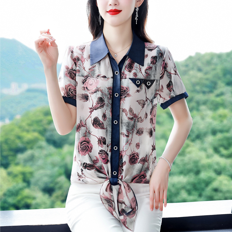 MY10782# 夏季新款衬衣女短袖开衫系带设计感印花拼接时尚气质上衣女裝...