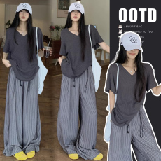 批发现 孕妇装夏季韩系简约v领T恤套装条纹宽松<b class='q'>休闲</b>抽绳阔腿裤两件套